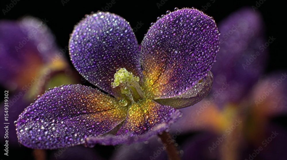 Poster A macro perspective of a violet flower with dew-covered petals, showcasing the intricate textures and colors enhanced by the sparkling droplets of water.