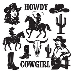 Western vector graphic set featuring cowgirls, horses, cacti, skulls, hats, boots, and "Howdy" & "Cowgirl" typography. 
Perfect for stickers, t-shirt designs vector silhouette