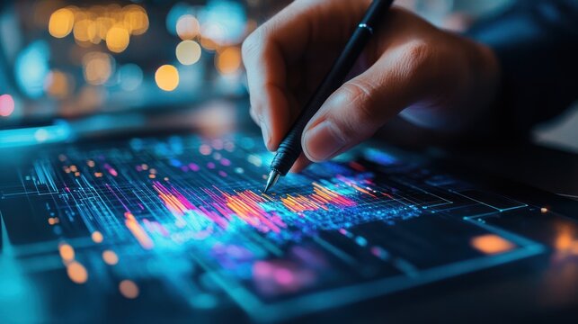 Analyzing stock market data on a digital tablet with stylus pen for business