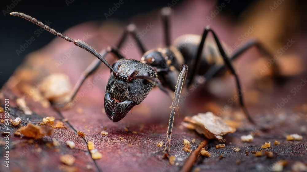 Poster a macro shot of an ant feeding on a leaf, with its antennae in focus and tiny pieces of the leaf sca