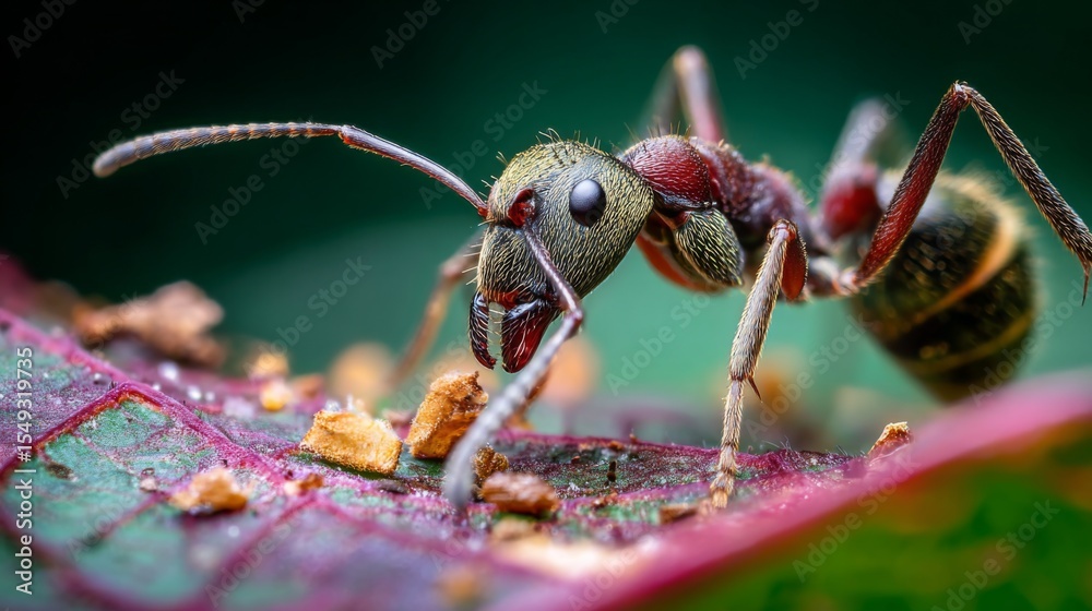 Poster a macro shot of an ant feeding on a leaf, with its antennae in focus and tiny pieces of the leaf sca