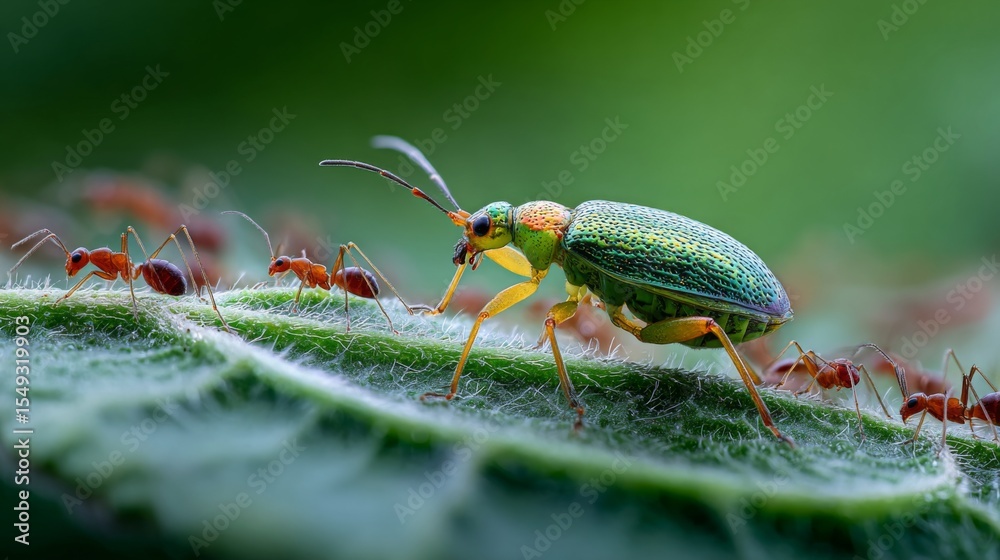 Poster A macro shot of an insect chewing on a leaf, with ants crawling around it in a dynamic, busy scene in a lush green environment