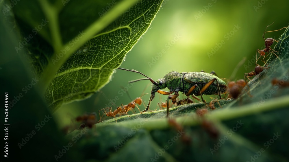 Poster A macro shot of an insect chewing on a leaf, with ants crawling around it in a dynamic, busy scene in a lush green environment