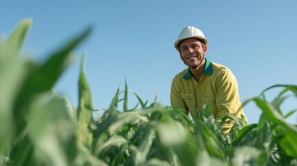 Agricultural Worker in Field Wearing Safety Helmet