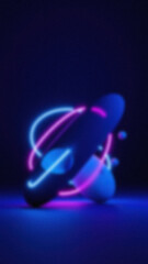 Abstract dark blue background featuring blurred geometric shapes encircled by glowing neon pink and blue lines