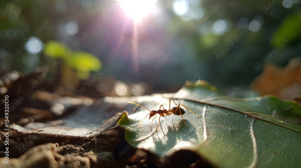 Aufkleber A macro shot of a tiny ant nibbling on a leaf under sunlight, with a blurred forest floor in the background and soft bokeh effect