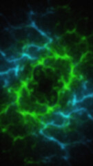Abstract blurred background featuring radiating patterns of green and blue lines on a dark grainy backdrop