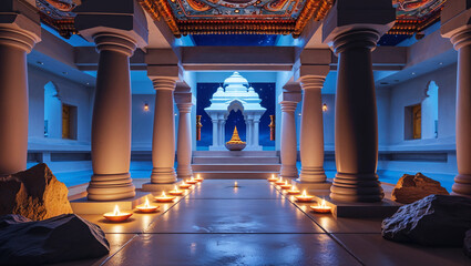 Serene temple interior decorated with candles and architectural pillars under a night sky