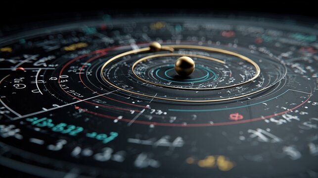 Circular graphic of orbital paths with mathematical formulas, featuring golden spheres