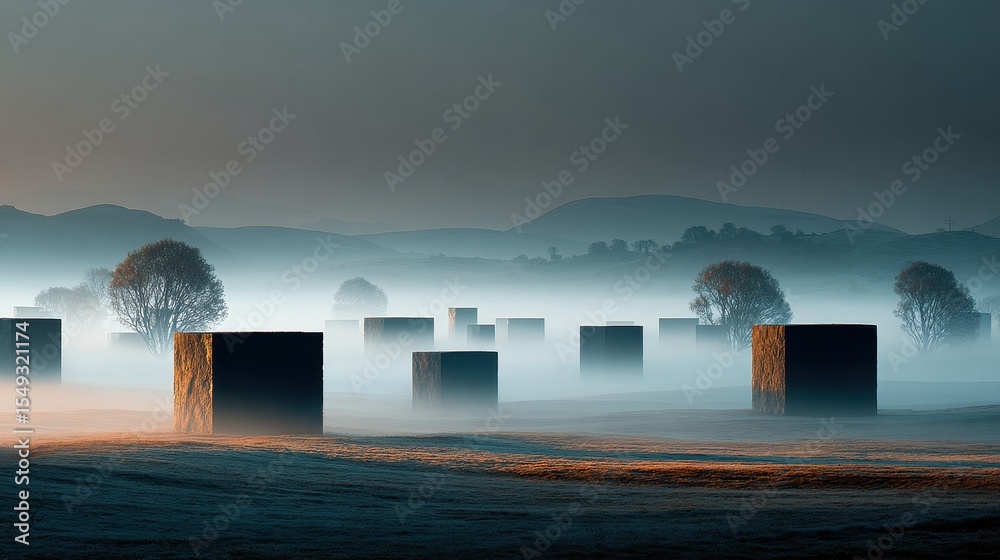 Aufkleber Geometric monoliths stand in the fog at dawn on a field in the early morning with trees and hills in the background