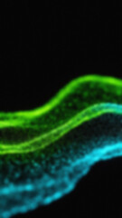 Abstract image displaying blurred wavy bands of light in green and blue against a solid black background