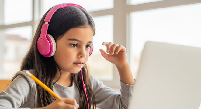 Focused little girl with pink headphones doing online schooling. Child writing in notebook while using laptop for remote learning at home - Powered by Adobe