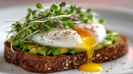 A minimalist shot of a slice of toasted bread with a layer of creamy avocado and poached egg on top, garnished with microgreens, set against a light background.