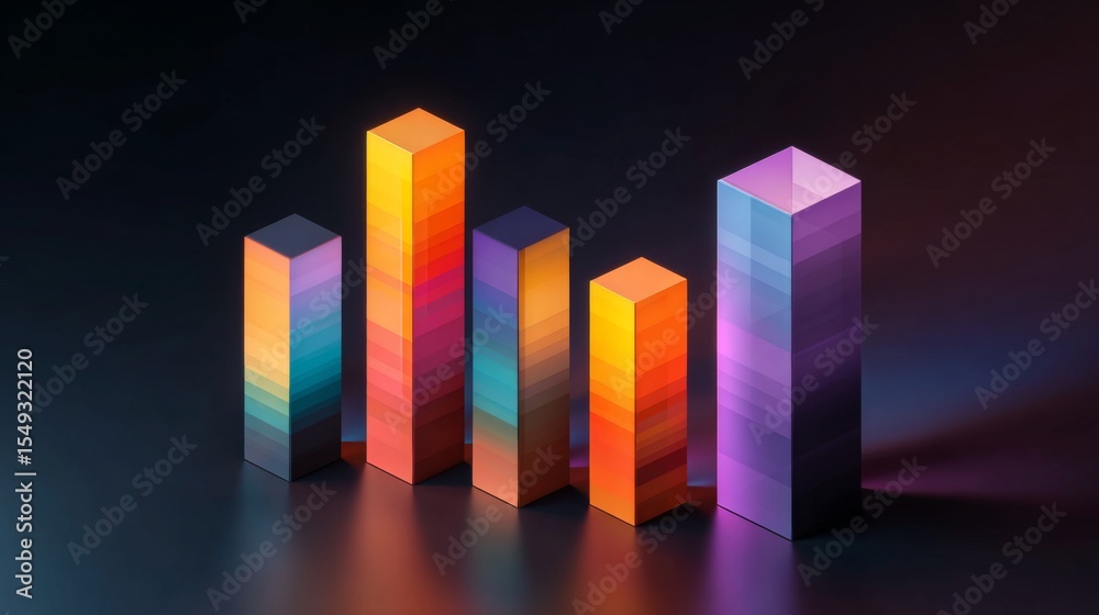 Poster A modern D bar graph in vibrant colors on a dark gradient background, with reflections and shadows enhancing its professional and sleek look