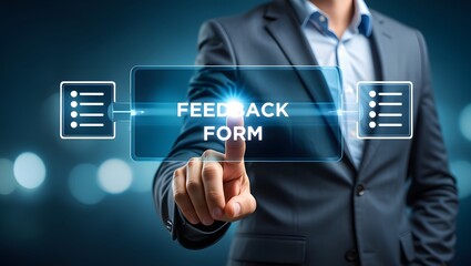 Digital feedback form interface, Businessman interacting with virtual online form. Perfect for customer feedback, survey UI, contact forms, digital onboarding, user experience in web applications.
