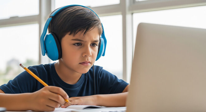 Young boy doing online schooling wearing headphones. Child writing in notebook while using laptop for remote learning at home - Powered by Adobe