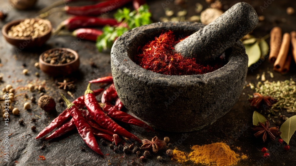 Poster a mortar and pestle with fresh red chilies being ground into a fine paste, with various spices and h