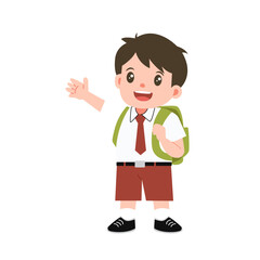 Indonesian elementary student waving hand and bring backpack