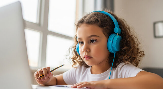 Focused girl with blue headphones doing online schooling. Holding a pencil while using laptop for remote learning at home