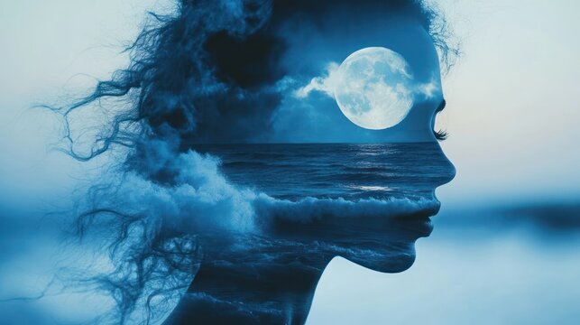 Woman, Moonlit Ocean, Night, Double Exposure, Dreamy, Calm, Profile, Seascape, Fantasy, Art