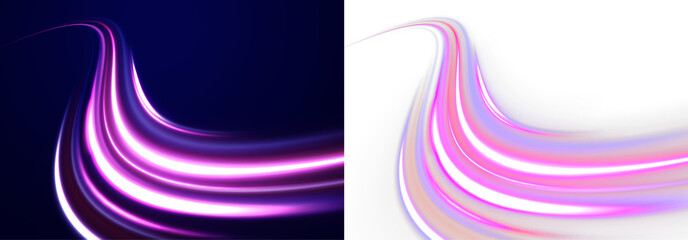Vortex Line Effect Twirl, Curve and Wavy Neon Movement on Futuristic Vector Road with Wool Detail and Blue-Red Background Annotation