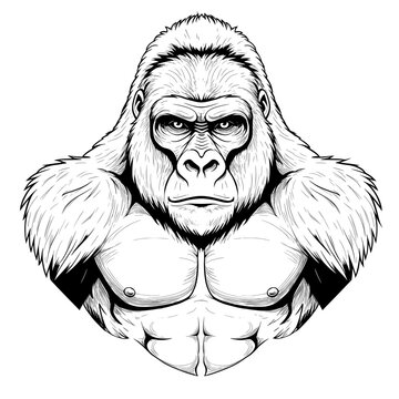Striking detailed monochrome ape face with an imposing presence and intense gaze