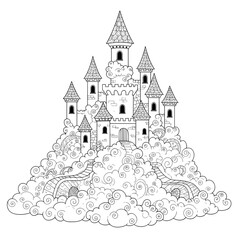 Fototapeta premium Fairytale castle in outline, with tall towers and ornate details, nestled among clouds