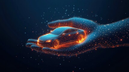 Digital hand holding car, glowing particles, dark background, auto insurance