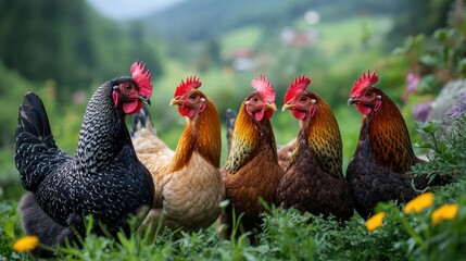 Fototapeta premium Hens posing, rural garden, mountain backdrop, farm lifestyle, food advertising