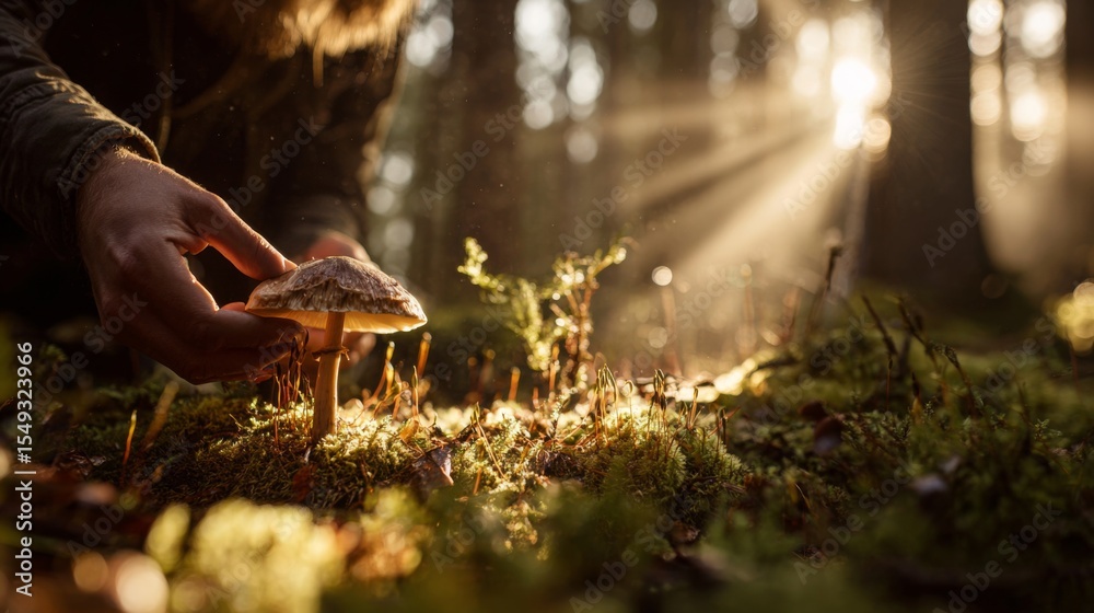 Poster a person gently picking a wild mushroom from the forest floor, with sunlight streaming through the t