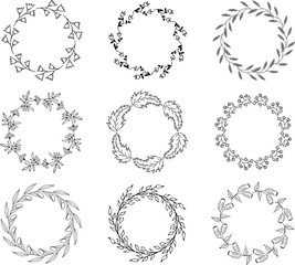 Abstract Floral Circle Frame Hand Drawing Element Set