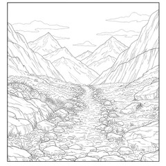 Fototapeta premium Mountains rise on both sides of a stony path in a sketched monochrome landscape