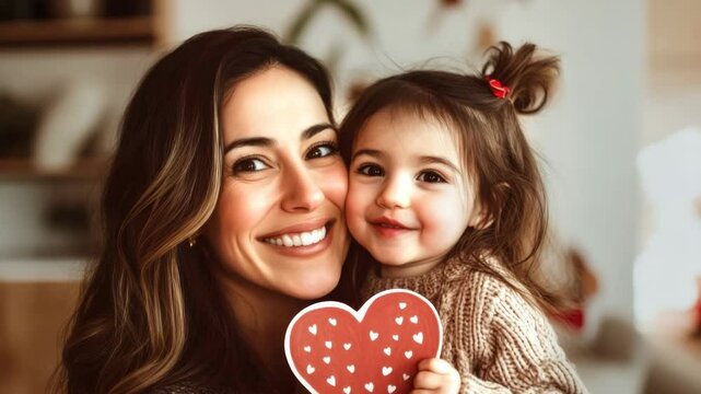 A tender happy mother and her sweet daughter are holding a red heart. For themes of love, family, Mother's Day and raising children. Personification of unconditional love, warmth and family happiness.