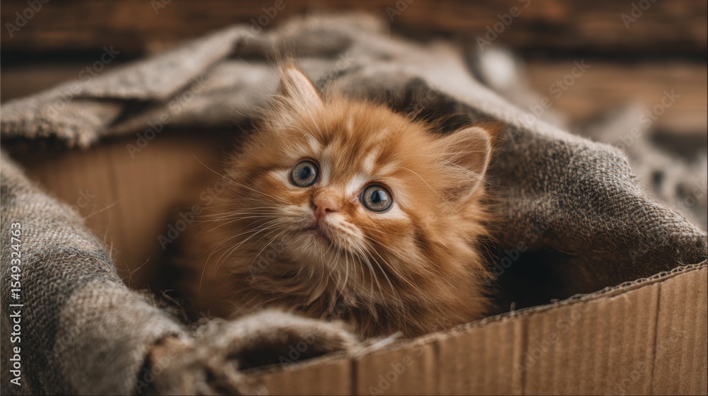 Poster a playful fat kitten exploring a cardboard box, its curious eyes and fluffy body adding a sense of a