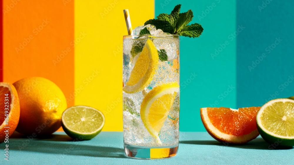 Poster a refreshing sparkling soda served in a tall glass with a straw, garnished with mint leaves and citr