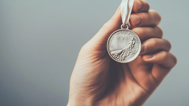 Hand Holding a Detailed Medal with Ribbon
