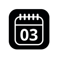 White hollowed out calendar icon isolated on black background for websites and graphic resources. Calendar flat icon with specific day marked, day 03.
