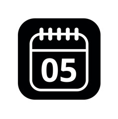 White hollowed out calendar icon isolated on black background for websites and graphic resources. Calendar flat icon with specific day marked, day 05.