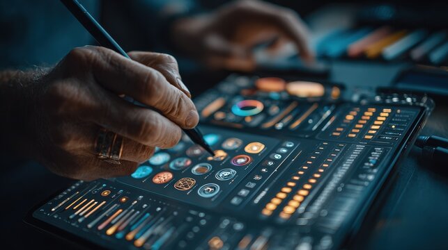 Woman working on Computer at Home Late at Night Designing Posters and Digital Art, Focused on Multiple Screens and Using Graphic Pen