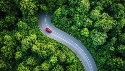 Aerial view of a winding road through lush green forest with a red car