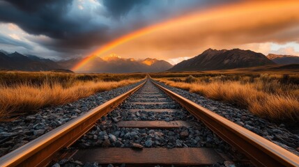 A breathtaking view of a vivid rainbow stretching across a serene mountain landscape, reflecting nature's beauty and the promise of hope after a storm.