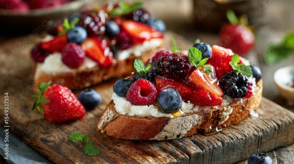 Poster A rustic wooden table with a slice of toasted bread topped with fresh berries and whipped cream, drizzled with honey, creating a delicious and inviting dessert presentation.