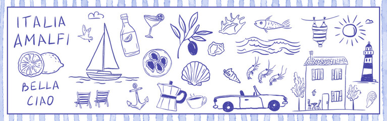 Amalfi coast summer vacation set with lemon, oyster, lighthouse, car, limoncello and boat. Coastal lifestyle reflecting travel Italia spirit. Vector illustration in hand-drawn crayon sketch style.