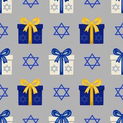 Seamless vector pattern featuring blue and beige gift boxes with Star of David symbols and yellow and blue bows, ideal for Hanukkah or Jewish holiday celebrations.