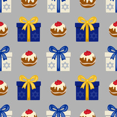 Seamless vector pattern featuring festive Hanukkah gifts with Star of David and sufganiyot donuts, ideal for holiday wrapping paper or festive backgrounds.