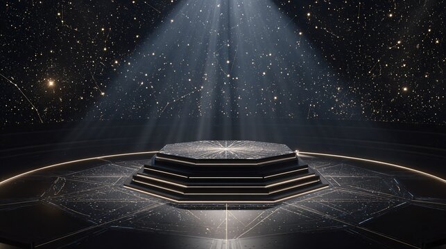 crystal astronomy podium with starlight refraction. Planetarium display platform. Copy space. Generative AI - Powered by Adobe