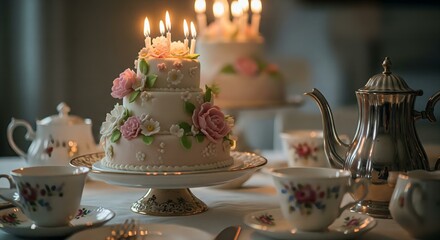 A charming photorealistic scene of a birthday cake with lit candles on a tiered stand, surrounded by blurred teacups and a teapot.