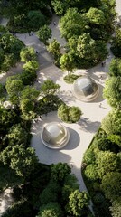 Aerial View of Lush Park with Unique Spherical Structures and Paths