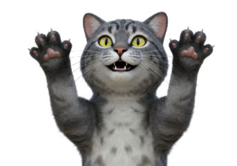 Isolated Happy Gray Cat with Paws Up