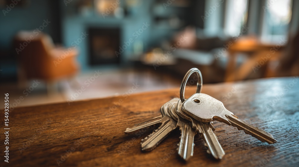 Poster a set of house keys on a keyring, placed on a wooden table with a background of a cozy home living r